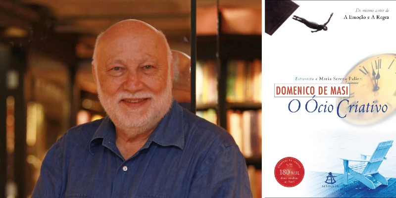 O sociólogo Domenico de Masi ao lado da capa do livro "Ócio Criativo".