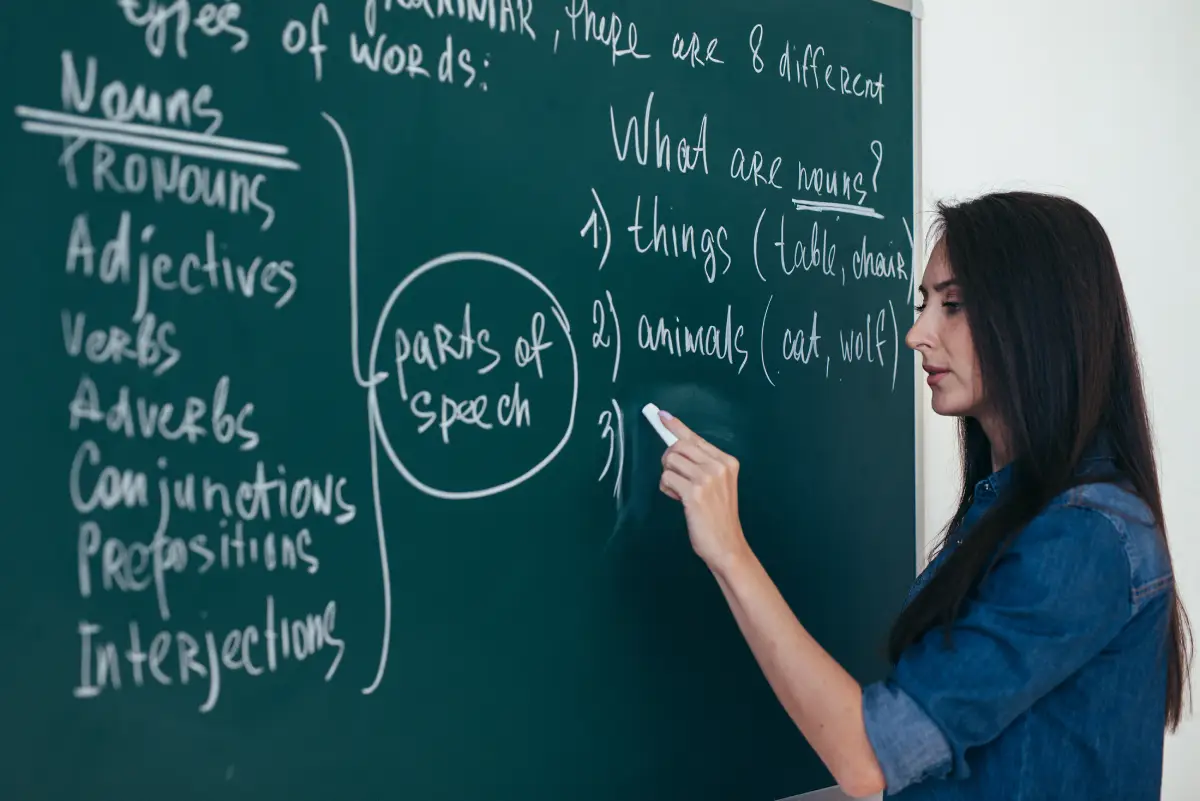 Tempos verbais em inglês - professora escrevendo em quadro negro